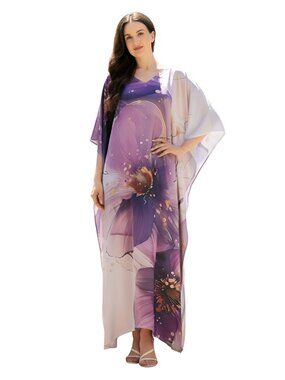Plus Size Light Lavender Floral Satin Silk Kaftan V-Neck Maxi Dress For Woman